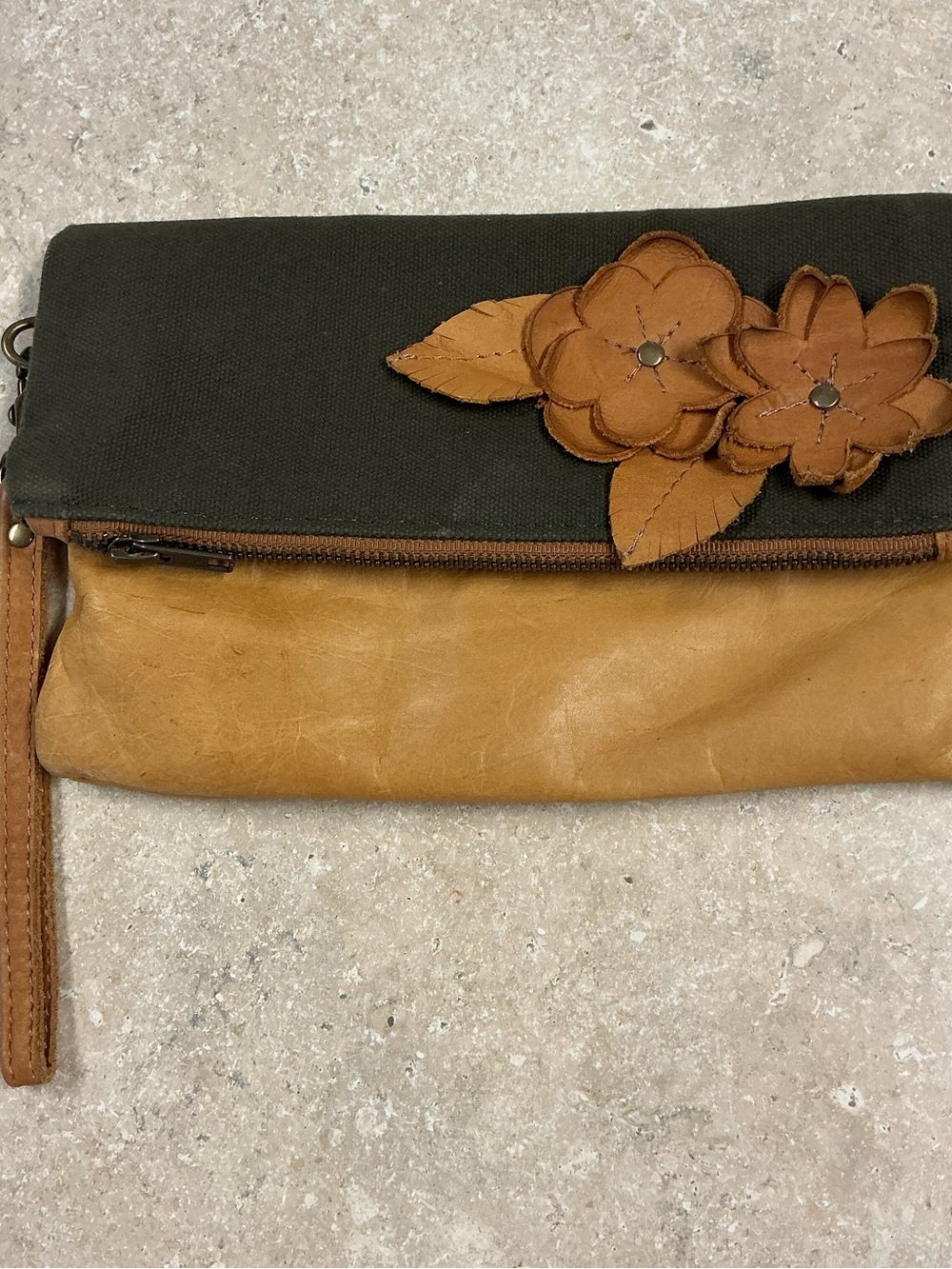 Canoe Leather Canvas Wristlet Leather Floral Design Zipper Closure Made In USA